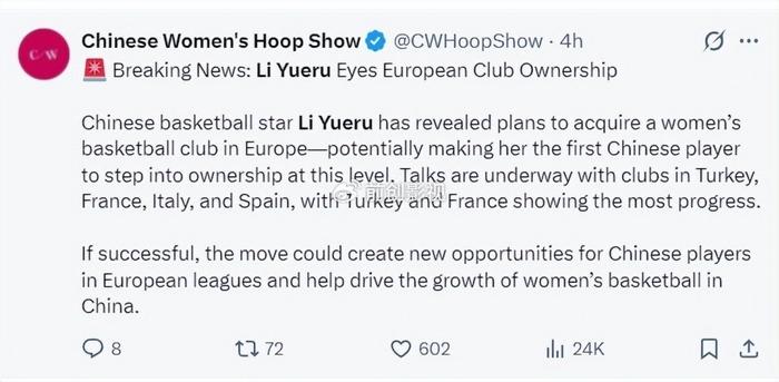 李月汝有意收购一支欧洲女篮球队引热议 与更多投资人组建收购团队